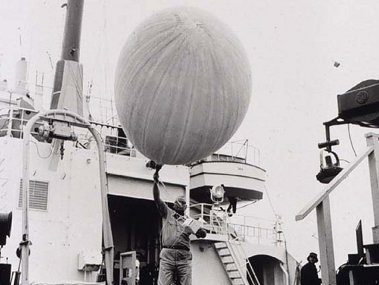 This meteorological radiosonde balloon was released aboard the Oceanographer during its 1967 cruise. (NOAA Photo Library).