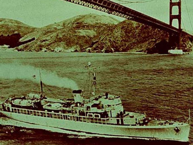 This photograph shows the C&GS Ship Pioneer passing under the Golden Gate Bridge. In August 1955, the Pioneer deployed the first towed marine magnetometer, an invention of the Scripps Institution of Oceanography. (NOAA Photo Library).