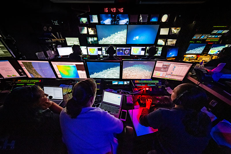 Mission control during remotely operated vehicle dive onboard NOAA Ship Okeanos Explorer. Mission control during remotely operated vehicle dive onboard NOAA Ship Okeanos Explorer.