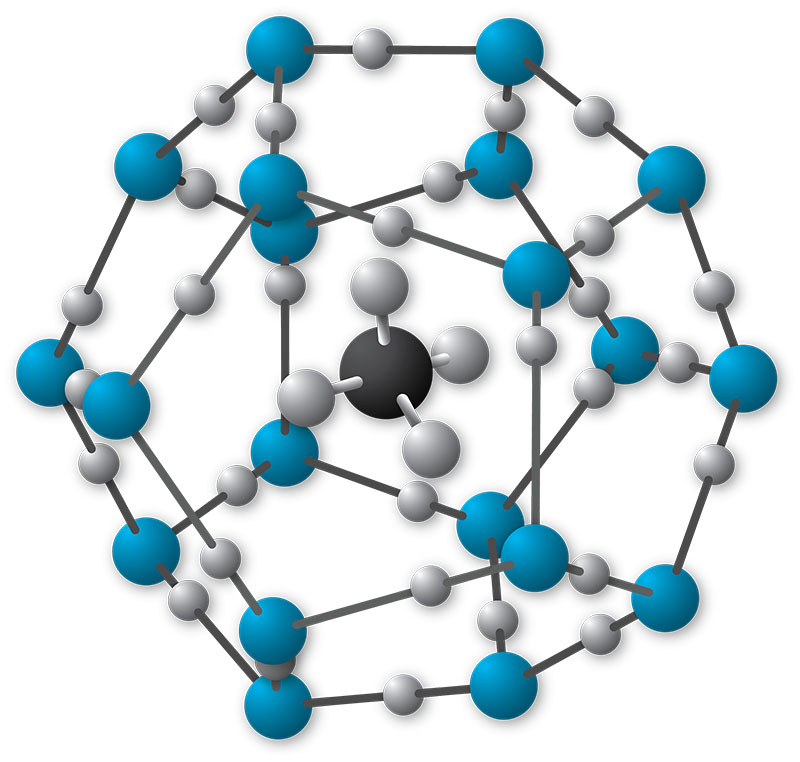 A methane hydrate is created when water molecules form a lattice structure around a methane molecule, without actually bonding to it. A methane hydrate is created when water molecules form a lattice structure around a methane molecule, without actually bonding to it.