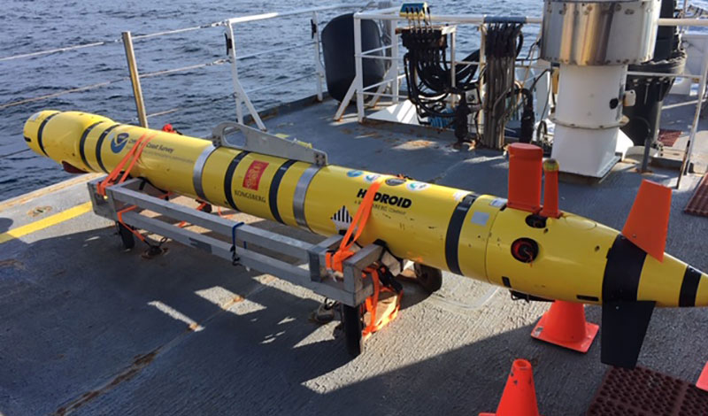 The REMUS 600 AUV on the deck of the Okeanos Explorer. The REMUS 600 AUV on the deck of the Okeanos Explorer.