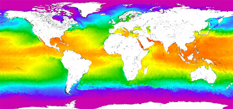 This map of sea surface temperature illustrates how heat is distributed across the global ocean. This map of sea surface temperature illustrates how heat is distributed across the global ocean.