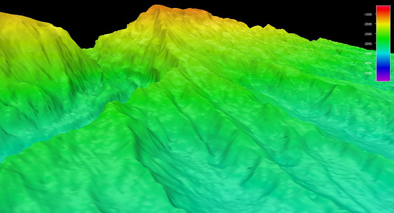 High-resolution bathymetry mapping data collected by the multibeam sonars of NOAA Ship Okeanos Explorer revealed complex topographic features around Saba Valley. High-resolution bathymetry mapping data collected by the multibeam sonars of NOAA Ship Okeanos Explorer revealed complex topographic features around Saba Valley.