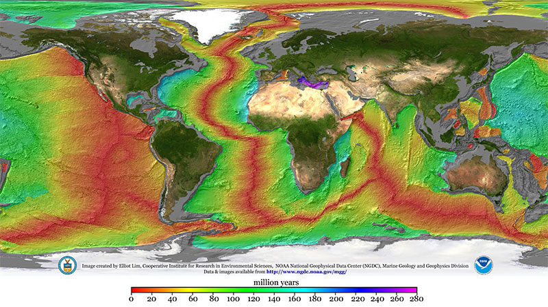 The nearly continuous, global mid-ocean ridge system snakes across the Earth’s surface like the seam on a baseball. It is clearly visible on this map of global topography above and below sea level. The ridge system forms the longest and largest mountain range on Earth, winding its way between the continents. The nearly continuous, global mid-ocean ridge system snakes across the Earth’s surface like the seam on a baseball. It is clearly visible on this map of global topography above and below sea level. The ridge system forms the longest and largest mountain range on Earth, winding its way between the continents.