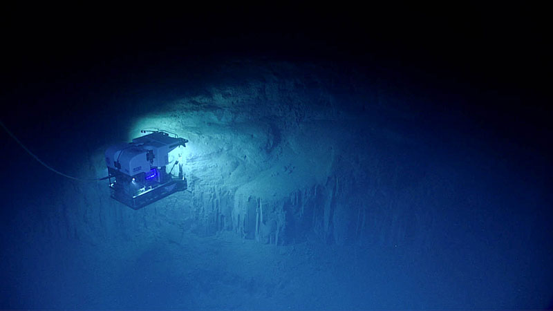 Remotely operated vehicle (ROV) Deep Discoverer surveys this interesting geological feature during the final dive of the Windows to the Deep 2018 expedition. Remotely operated vehicle (ROV) Deep Discoverer surveys this interesting geological feature during the final dive of the Windows to the Deep 2018 expedition.