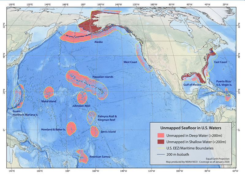 This map shows the boundaries of the U.S. EEZ, outlined in yellow, as well as deep and shallow water areas of the U.S. EEZ that have not been mapped as of January 2020. This map shows the boundaries of the U.S. EEZ, outlined in yellow, as well as deep and shallow water areas of the U.S. EEZ that have not been mapped as of January 2020.