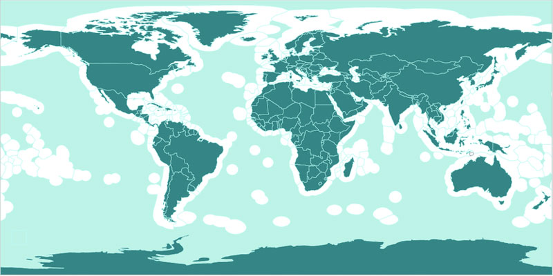 On this map, exclusive economic zones are shown in white and high seas, or areas beyond national jurisdiction, are shown in light green. On this map, exclusive economic zones are shown in white and high seas, or areas beyond national jurisdiction, are shown in light green.
