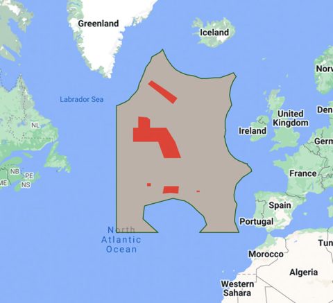 The Northeast Atlantic Fisheries Commission (NEAFC) Regulatory Area 1: Reykjanes Ridge in grey; areas in red represent vulnerable marine ecosystem areas closed to bottom fishing.