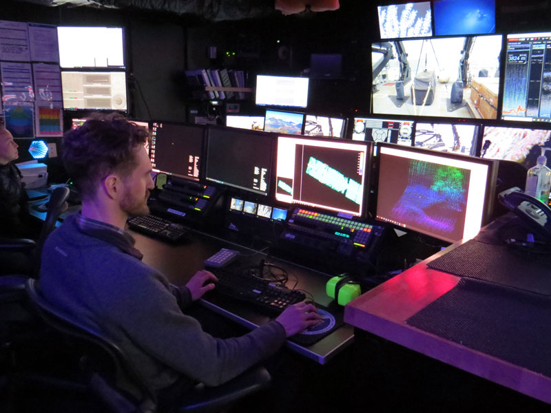 Mapping watchstander Cameron Kuhle, an Explorer-in-Training on the Seascape Alaska 1: Aleutians Deepwater Mapping expedition, "cleans" multibeam sonar data to ensure consistency and accuracy. Mapping watchstander Cameron Kuhle, an Explorer-in-Training on the Seascape Alaska 1: Aleutians Deepwater Mapping expedition, "cleans" multibeam sonar data to ensure consistency and accuracy.