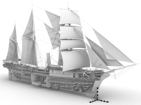 The starboard side of U.S. Revenue Cutter Bear in its original (1874) configuration (SS Bear). The 3D scale at the bow of the ship represents 15 feet (1-foot increments from 1 to 5 feet and then 2-foot increments from 5 to 15 feet). This model was constructed using plans from the Smithsonian Institution Archives and plans from Mystic Seaport Museum.