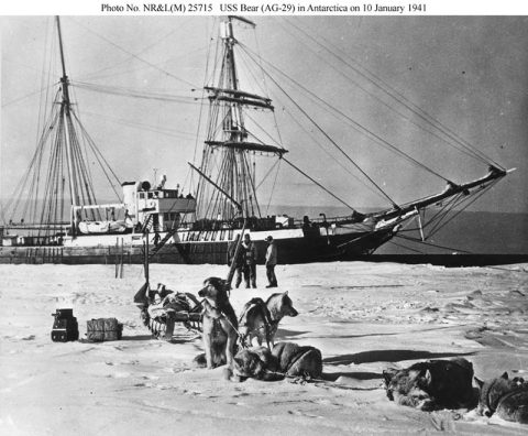 USS Bear moored to the ice shelf at West Base, Antarctica, in January 1941 showing the vessels pre-World War II configuration.
