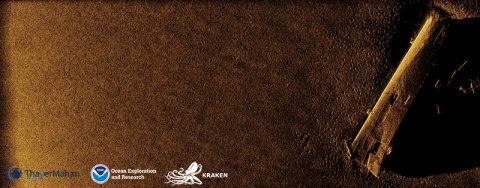 Synthetic aperture sonar image of the bow section of the Murphy that sunk after the collision, lying on its port side.