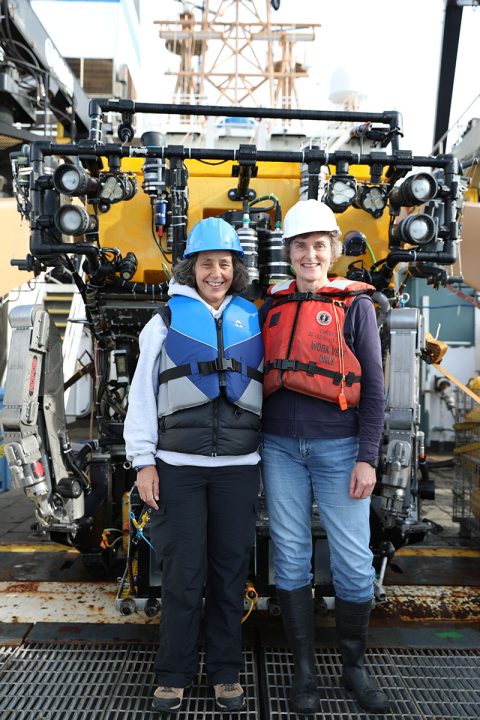 Dr. Martha Nizinski (right) and Dr. Anna Metaxas shared chief scientist duties during the previous transboundary cruises. Here, each attends to samples collected by the Canadian ROV ROPOS. These samples serve as taxonomic vouchers that further our understanding of the composition, distribution and larval transport of species among canyons.