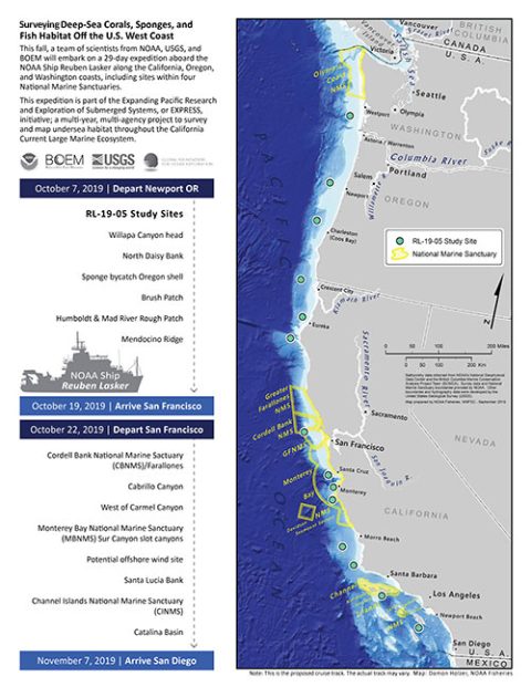 The proposed cruise track for the Surveying Deep-sea Corals, Sponges, and Fish Habitat Off the U.S. West Coast expedition.