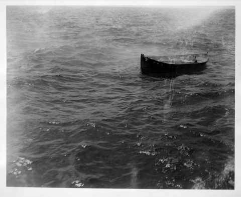 An archived image of an empty lifeboat from the sinking of the Bloody Marsh in 1943. Image courtesy of National Archives and Records Administration.