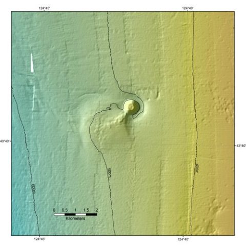 Figure 1: Color shaded-relief bathymetric map of the seafloor mound based on multibeam mapping on the NOAA Ship Fairweather.