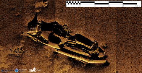 Synthetic aperture sonar image of an unknown shipwreck off of Nantucket.